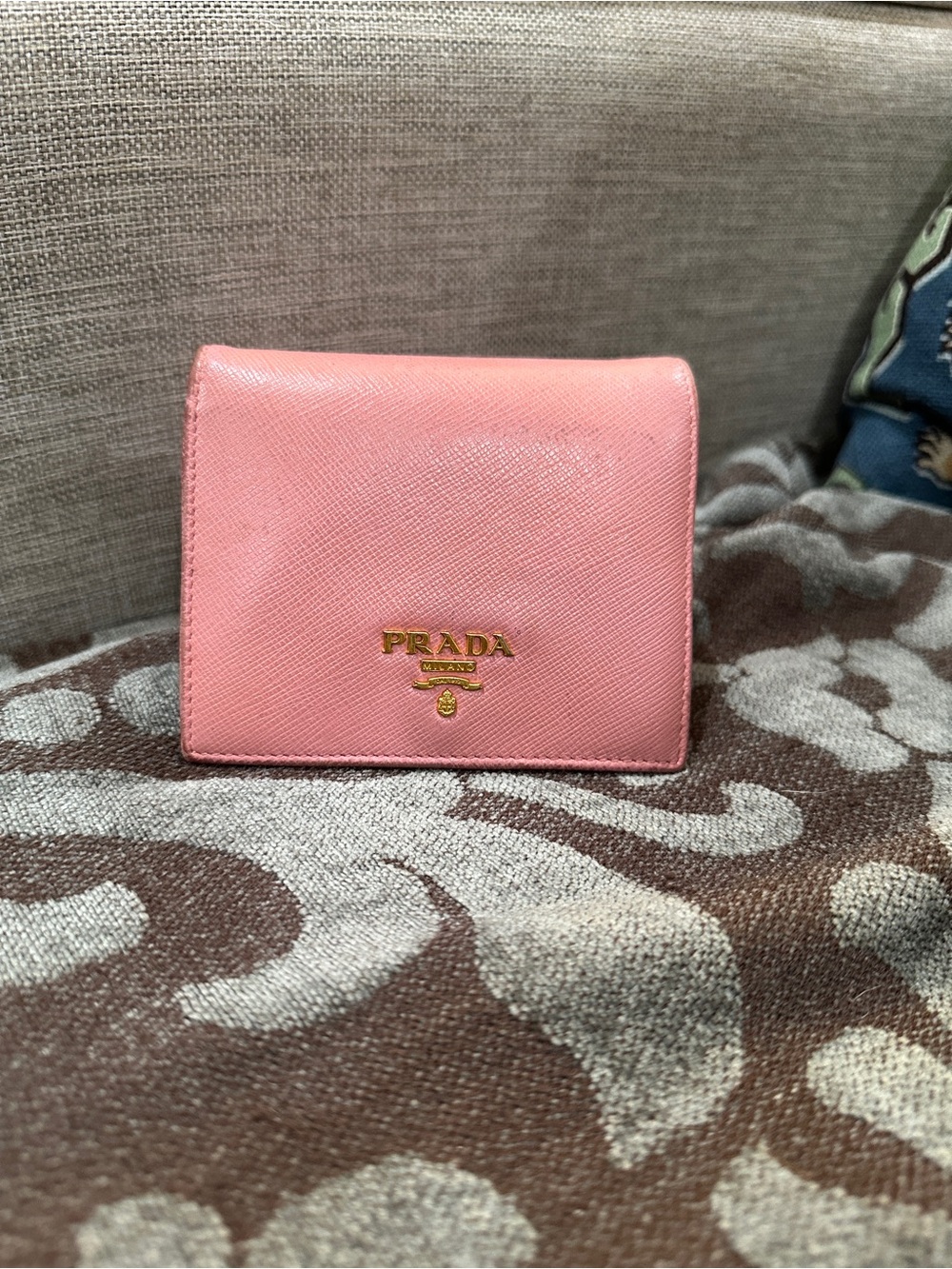 Prada Rose Pink Saffiano Leather Small Wallet with Gold Logo
